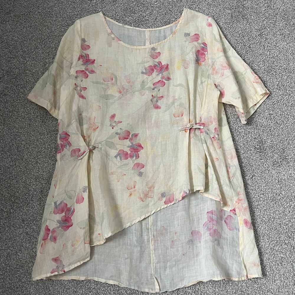 100% Ramie Floral Art-to-Wear Blouse - Asymmetric Hem M